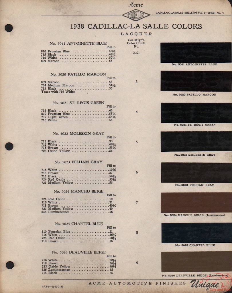 1938 Cadillac Paint Charts Acme 1